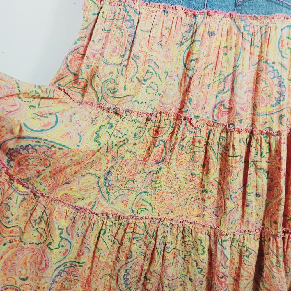 Lee, Mixed Media Midi Skirt Denim/Cotton Print, Size 9 M, Tiered Bottom, Western - Picture 5 of 16